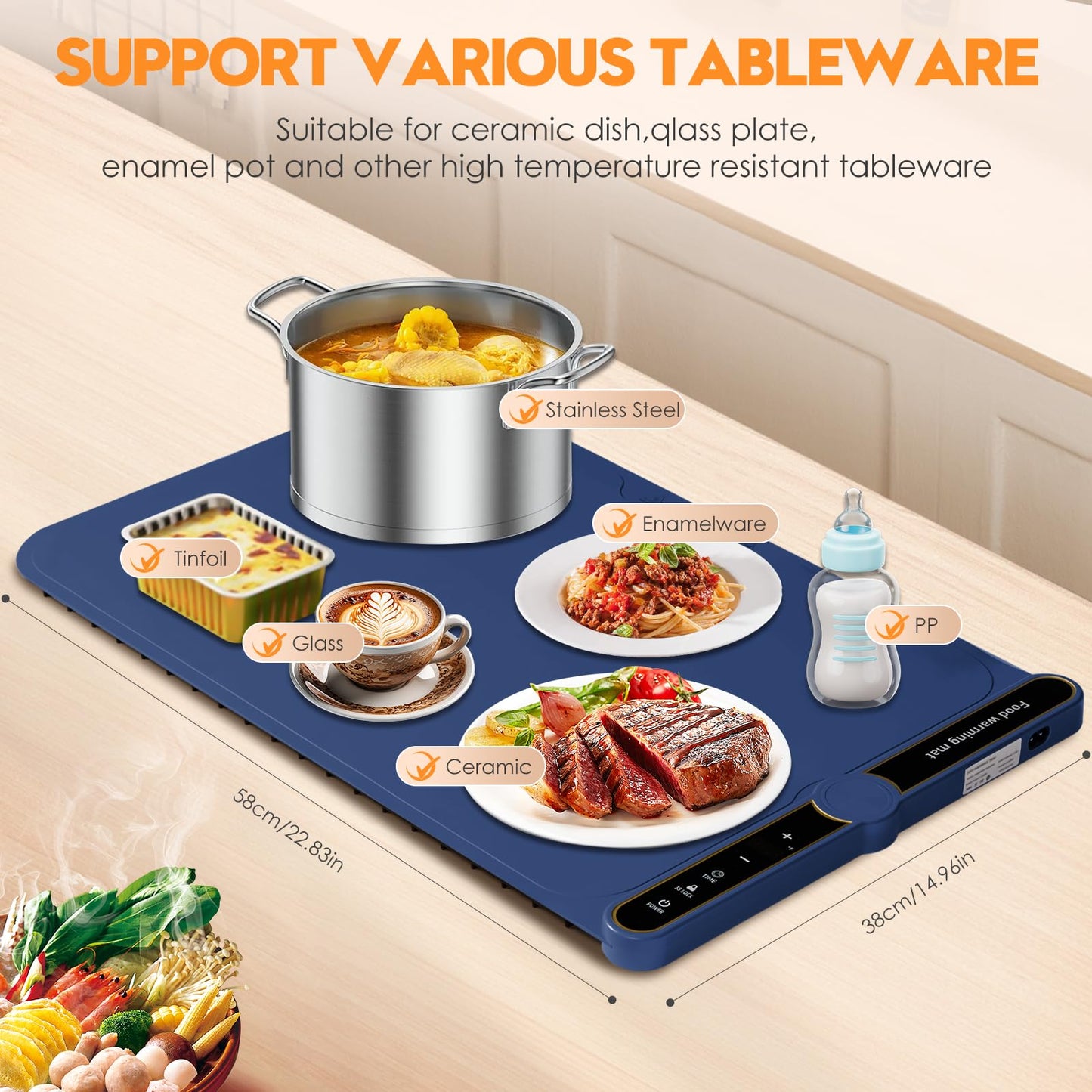 Silicone Warming Mat for Food, Fast Full Surface Heating Electric Warming Tray, 9 Level Temperature Adjustable Warming Kitchen Mat, Roll Up Food Warmer Mat for Countertop, Party, Travel