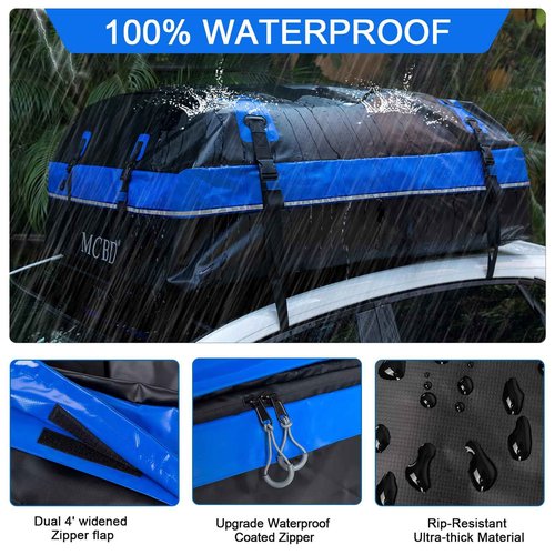 Rooftop Cargo Carrier Bag, 15 Cubic Feet Soft-Shell Waterproof Car Roof Luggage Bag for All Vehicles SUV with/Without Rails, Includes 10 Reinforced Straps + 4 Door Hooks,Storage Bag,Anti-Slip Mat,Blue