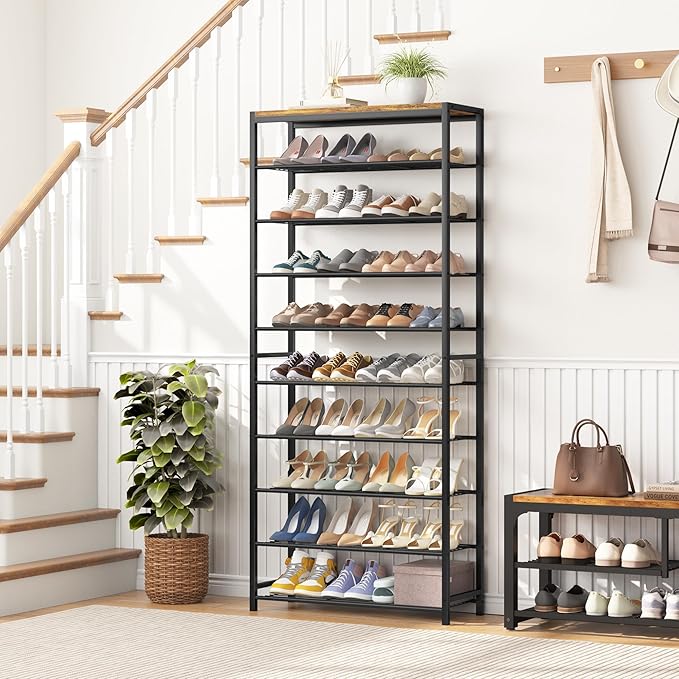 HOMEFORT 10 Tiers Shoe Rack Organizer,30" Shoe Storage Shelf for Closet, Shoe Rack for Entryway,Holds 36-40 Pairs of Shoe, Tall Shoe Stand with Metal Shelves and MDF Top Board,Rustic Brown