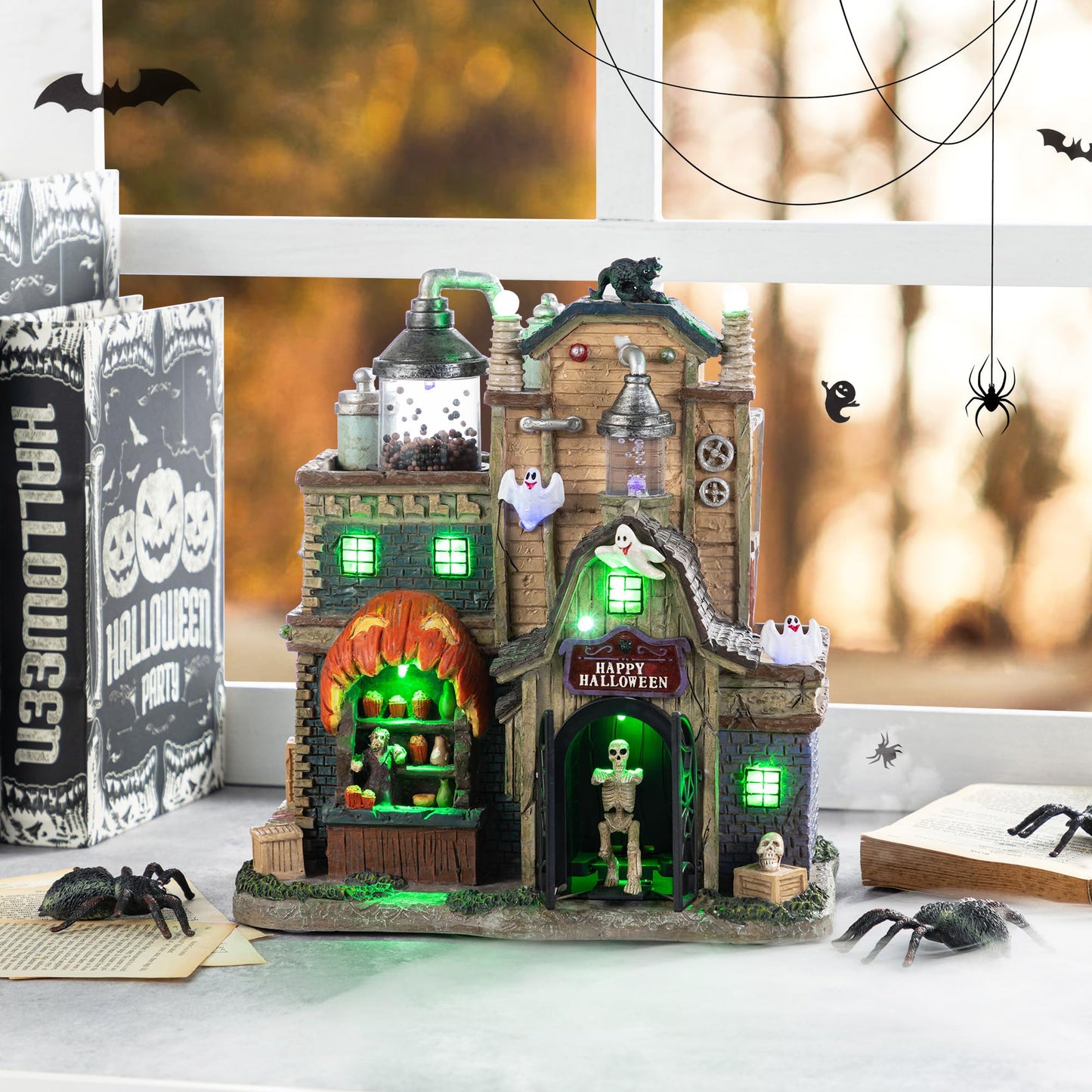 Glitzhome Halloween Decorations, 11" H Lighted Halloween Village Houses Decor with LED Lights, Resin Haunted Spooky Town for Home Party Table Desk Mantel Ornaments