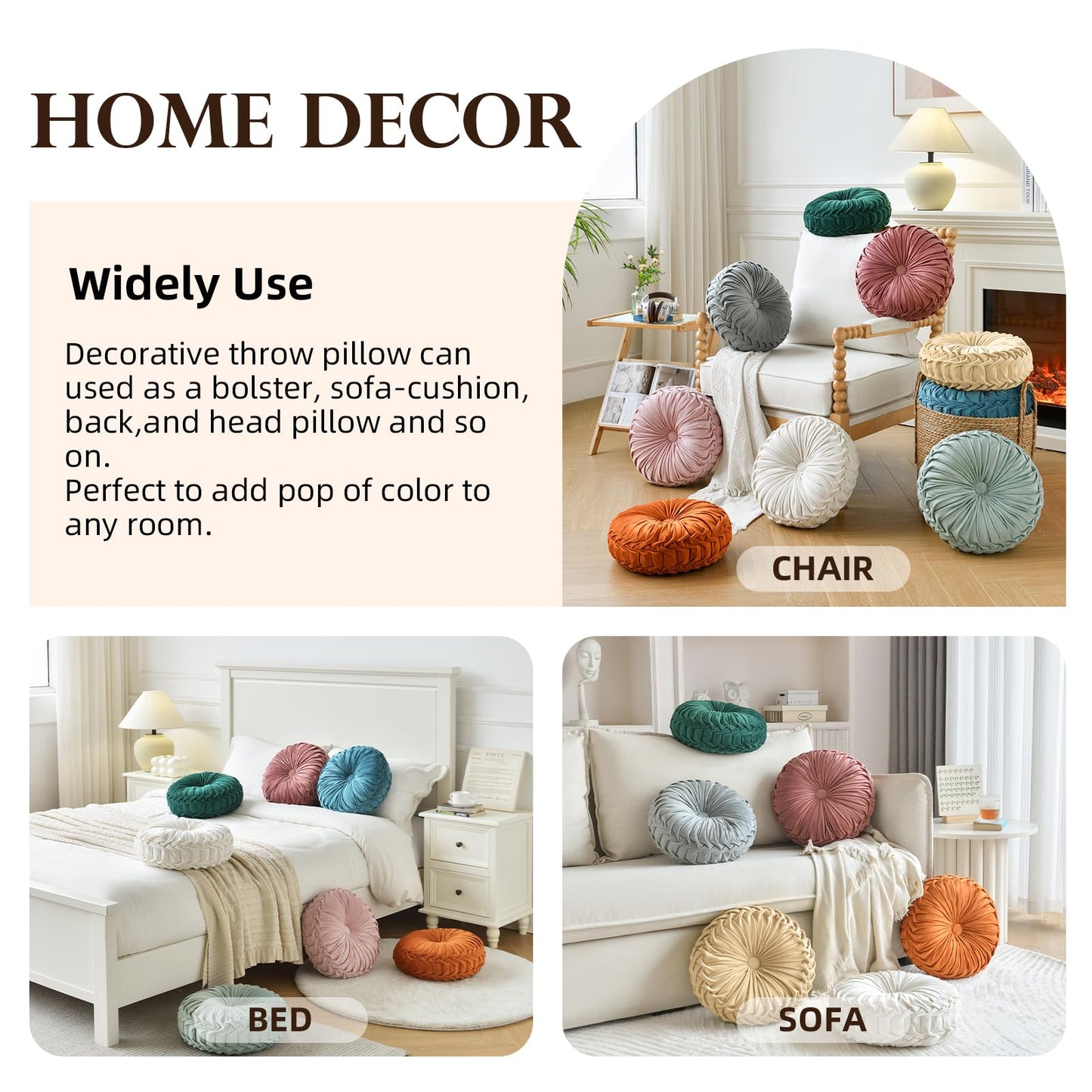 Teieas Round Throw Pillow Velvet Home Decoration Pleated Round Pillow Cushion for Couch Chair Bed Car (Brown)