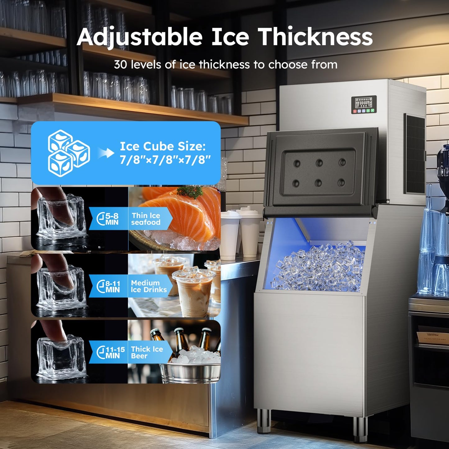 Commercial Ice Machine 580 LBS/24H with 400 LBS Storage Bin, Ice Cubes Ready in 5-15 min, Stainless Steel Industrial Ice Maker, Self-Cleaning, Timing Function, Adjustable Ice Thicknesses