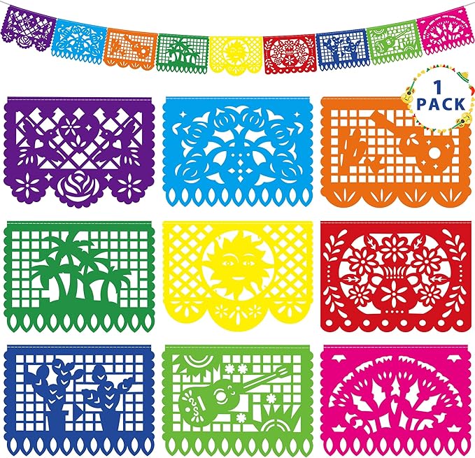 18 FT Cinco De Mayo Party Decorations, 1 Pack Fiesta Banner with 9 Plastic Papel Picado, Colorful Mexican Theme Party Flag...