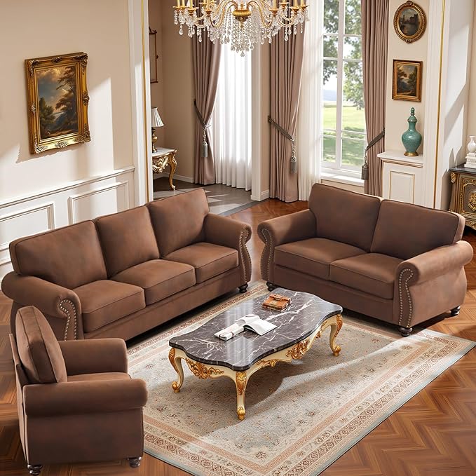 Couchus Mid-Century Vintage Sofa Couches with Rivet Design,3-Seater Sofa,Removable Sofa Cover Upholstered Cushions and Solid Wood Frame (Caramel, 3-Seater)