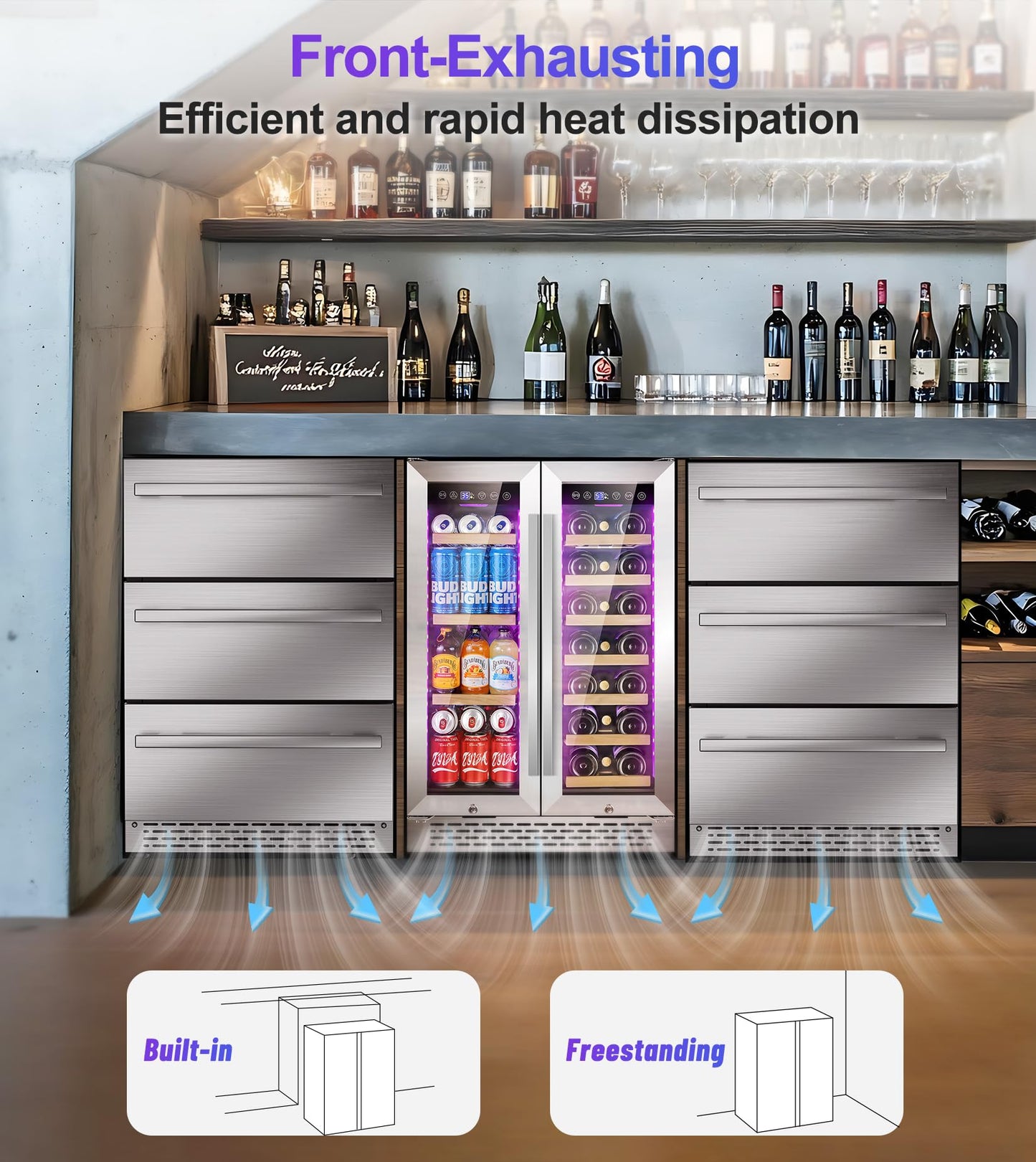 24 Inch Wine and Beverage Refrigerator, 90 Can & 21 Bottle Dual Zone Under Counter or Freestanding Wine Beverage Cooler, 3 LED Stainless-Steel Fridge with Glass Door Fast Cooling for Home/Kitchen