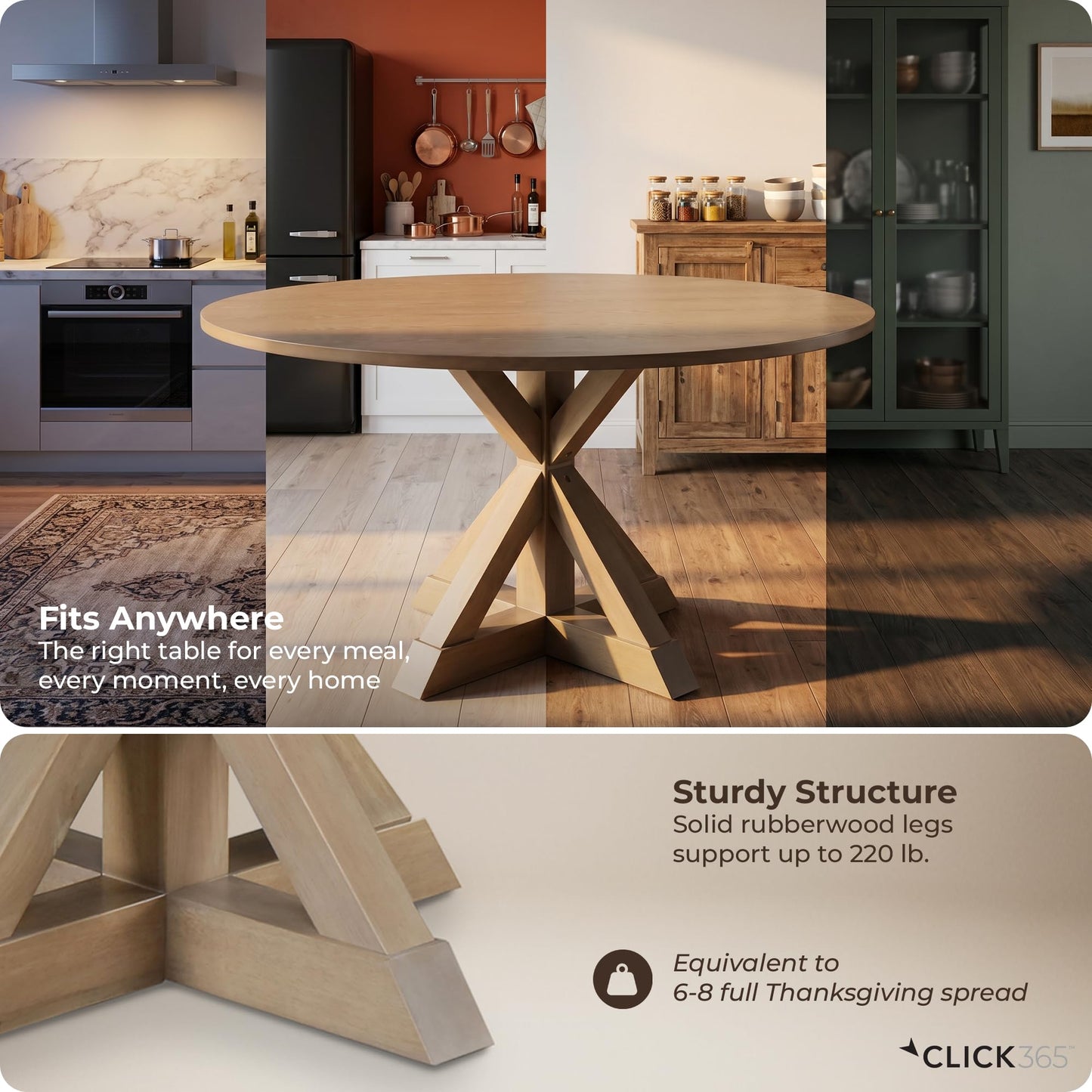 Click365 Alfred Round Solid Wood Rustic Dining Table for Farmhouse Kitchen Room Decor, Wooden Trestle Pedestal Base, 46.5" Wide Circular Tabletop, Distressed Beige