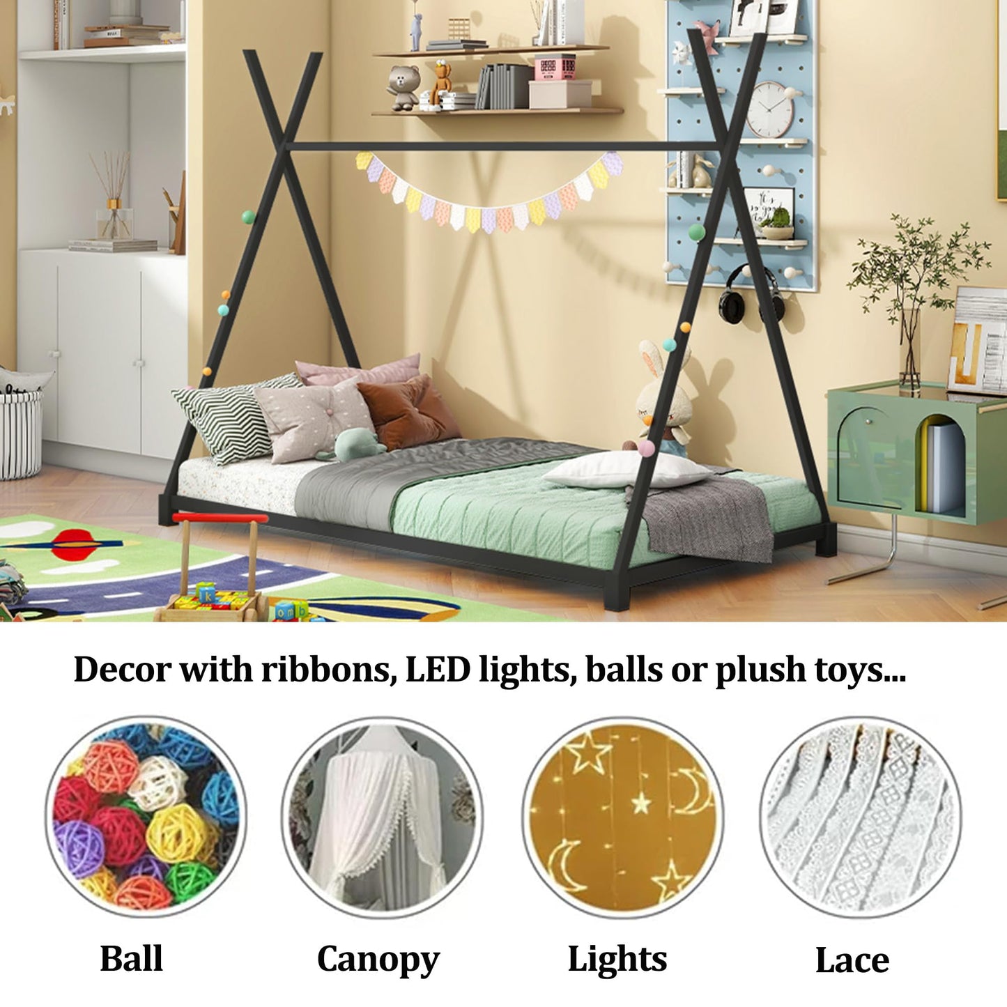 kuurfuurdo Twin Size House Bed for Kids, Metal Montessori Floor Bed Platform BedFrame with Triangle Structure Tent with Slat for Kids Girls Boys, No Box Spring Needed Easy Assembly