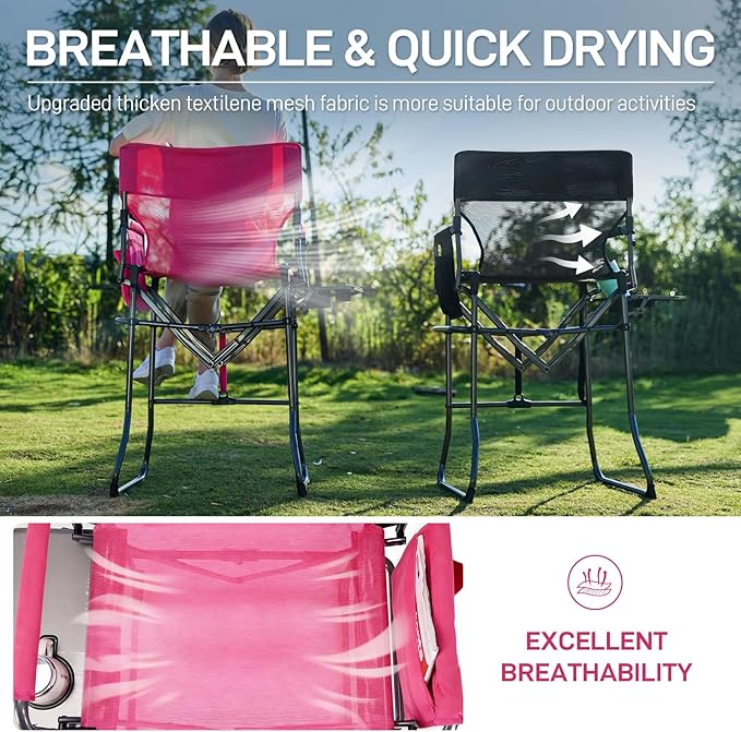 EVER ADVANCED Tall Textilene Camping Chair Mesh Directors Chair High Foldable Bar Stool with Side Table for Makeup Artist, Sports Event, Craft Show, Supports 350LBS Pink