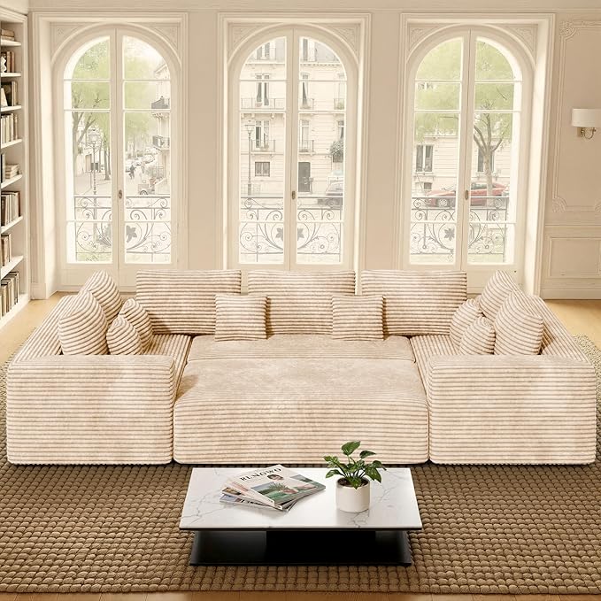 136'' Large Sectional Cloud Couches with Chaise, U Shaped Boneless Sofa Bed with Ottoman, No Assembly Required Deep Seat Modular Lounge for Living Room 4PCS Set, Bedroom(Khaki)