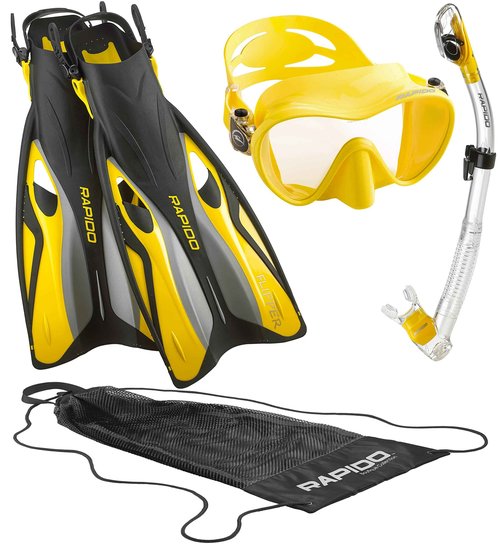 Rapido Boutique Collection Italian Design Premium Tempered Glass Lens Anti-Fog Panoramic View Frameless Snorkel Mask, Elite Dry Snorkel Tube, Quick Adjust Fins - Mask Fin Snorkel Set