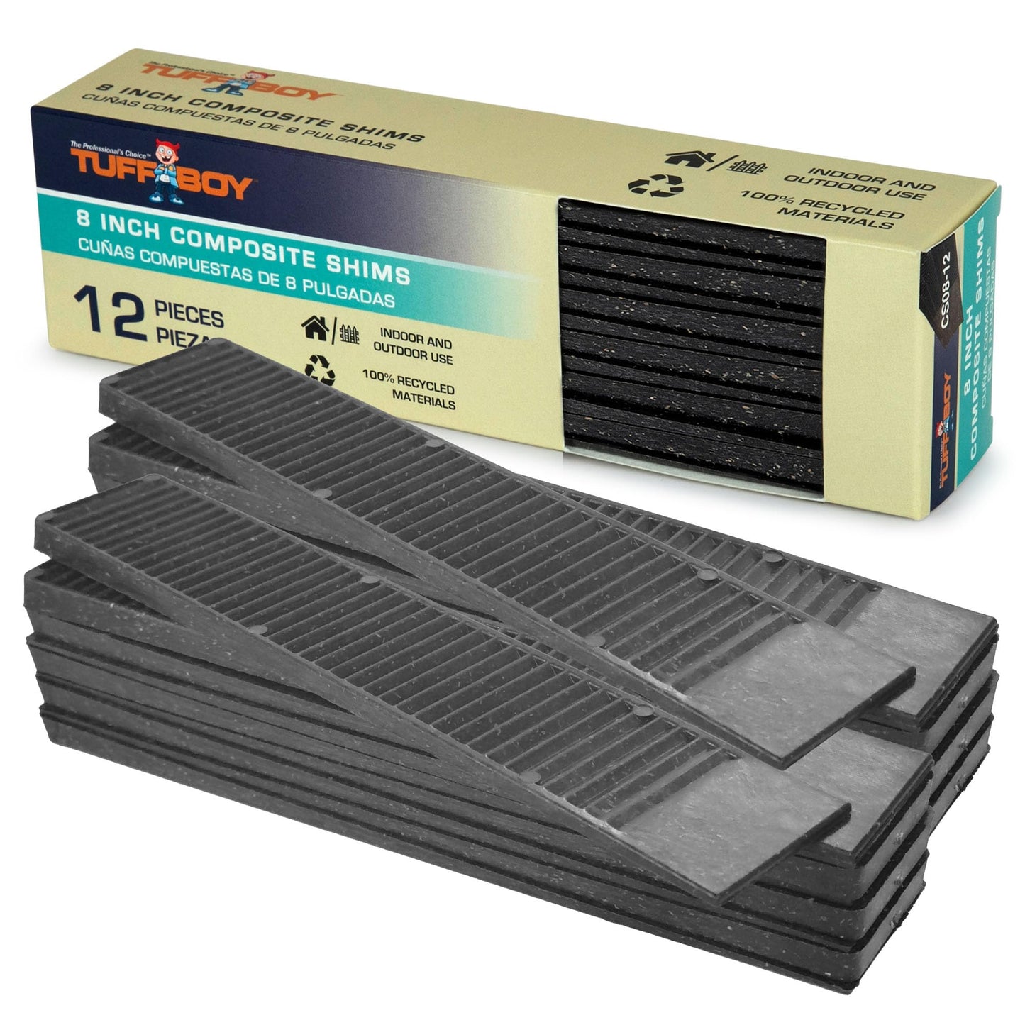 TUFFBOY Composite Shims and Leveling Wedges (12 Pack, 8") - Made in USA - Extreme Load Support Plastic Shims for Leveling - Table, Floor, Doors, Toilet, and Furniture Levelers