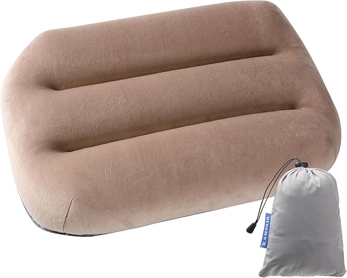 Kampair Ultralight Inflatable Camping Pillow for Sleeping – Soft Velvet Cover, Compact & Portable, Ergonomic Neck Support, Machine Washable Air Pillow, Perfect for Travel, Hiking, Backpacking – Brown