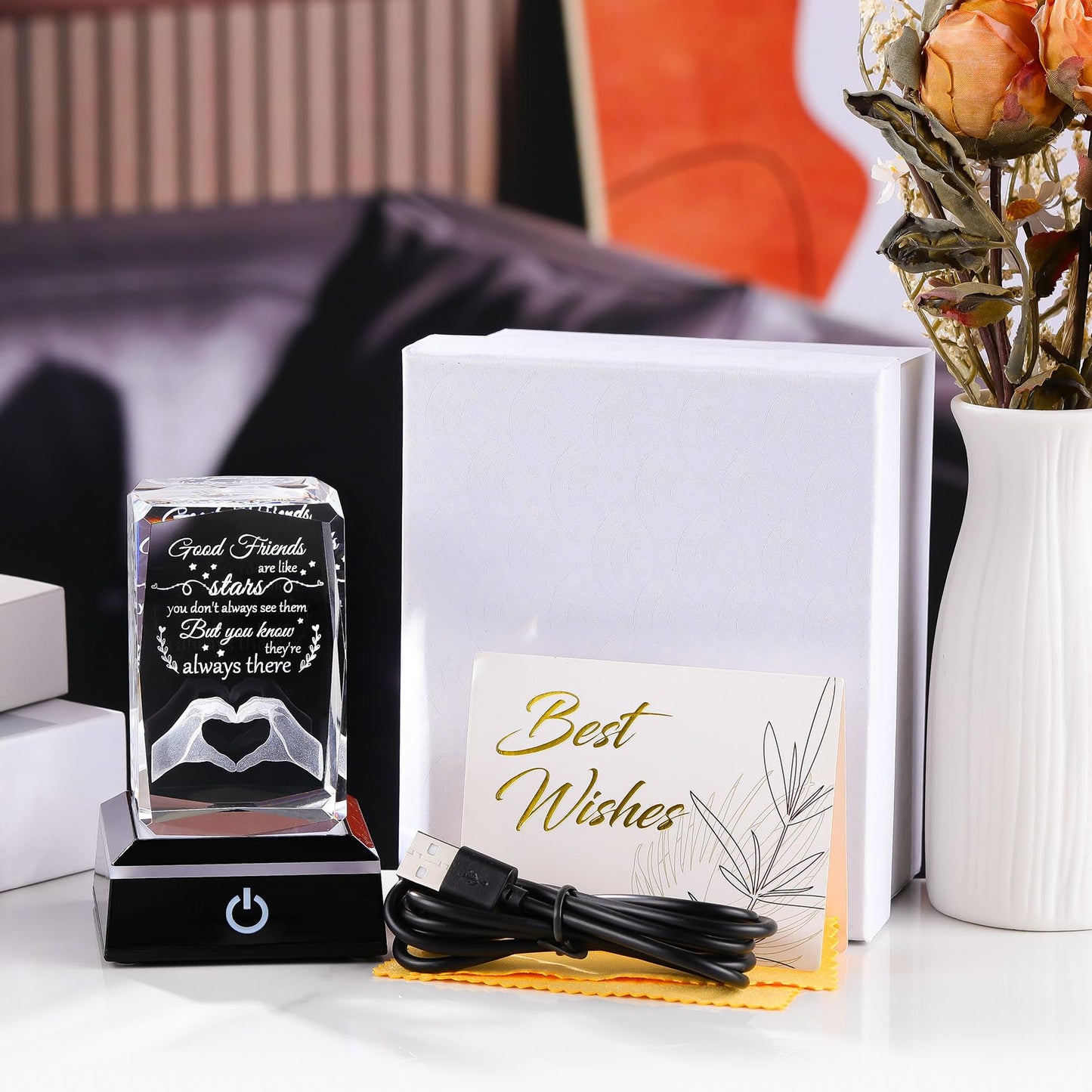 Enjinkail Bestfriend Unique Gifts for Women Birthday Crystal Keepsake with Colorful Led Base, 3D Engraved Friendship Plaque Bestie Gifts for Graduation Valentines Christmas Mothers Day
