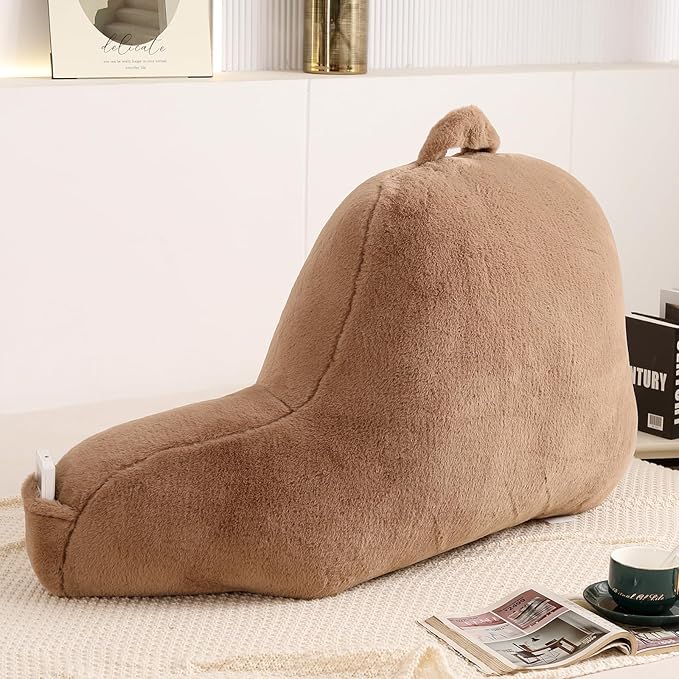 PAJEO Reading Pillow for Sitting in Bed, Large Backrest Reading Pillow with Arm Rest,Back-Rest Support Cushion for Sit Up on Couch, Sofa, and Floor, Dorm Essentials (Khaki Faux Fur, Large(19"))