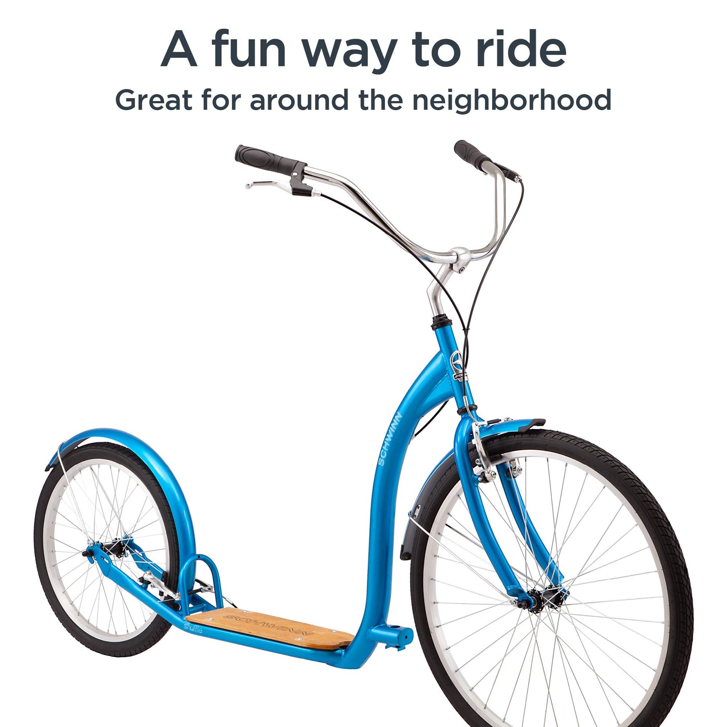 Schwinn Shuffle Adult Scooter, 26-Inch Front Wheel, 20-Inch Rear Wheel, Alloy Linear Pull Brakes, Steel Frame, Blue