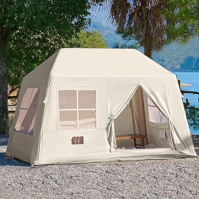 Inflatable Tents for Camping, Blow Up Tent with Hand Pump, 3-4 Person Air Glamping Tent with Canopy, Easy Setup 4 Season W...