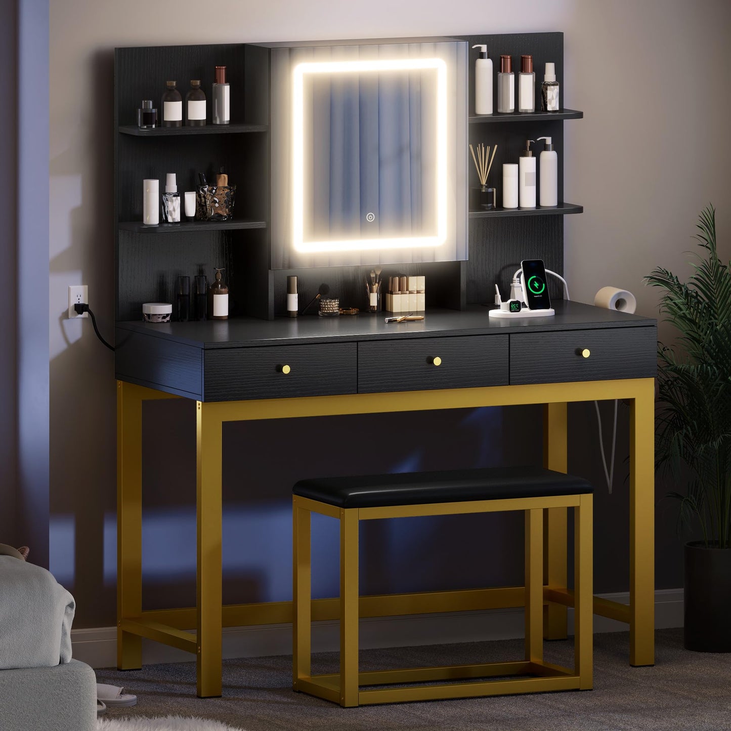 DWVO Vanity Desk with LED Lights Mirror & Power Outlet, Adjustable 3 Lights Modes, Makeup Table with Stool and Hidden Storage Shelves, 3 Drawers, Dressing Table Set with Chair, Upgraded, Black