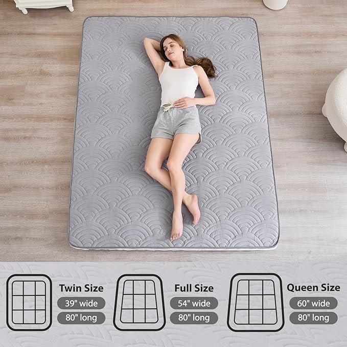 Zelladorra Japanese Floor Mattress, Quilted Futon Mattress with Anti-Slip Bottom, Foldable Floor Bed with Storage Bag and Straps, (Light Grey, Twin)