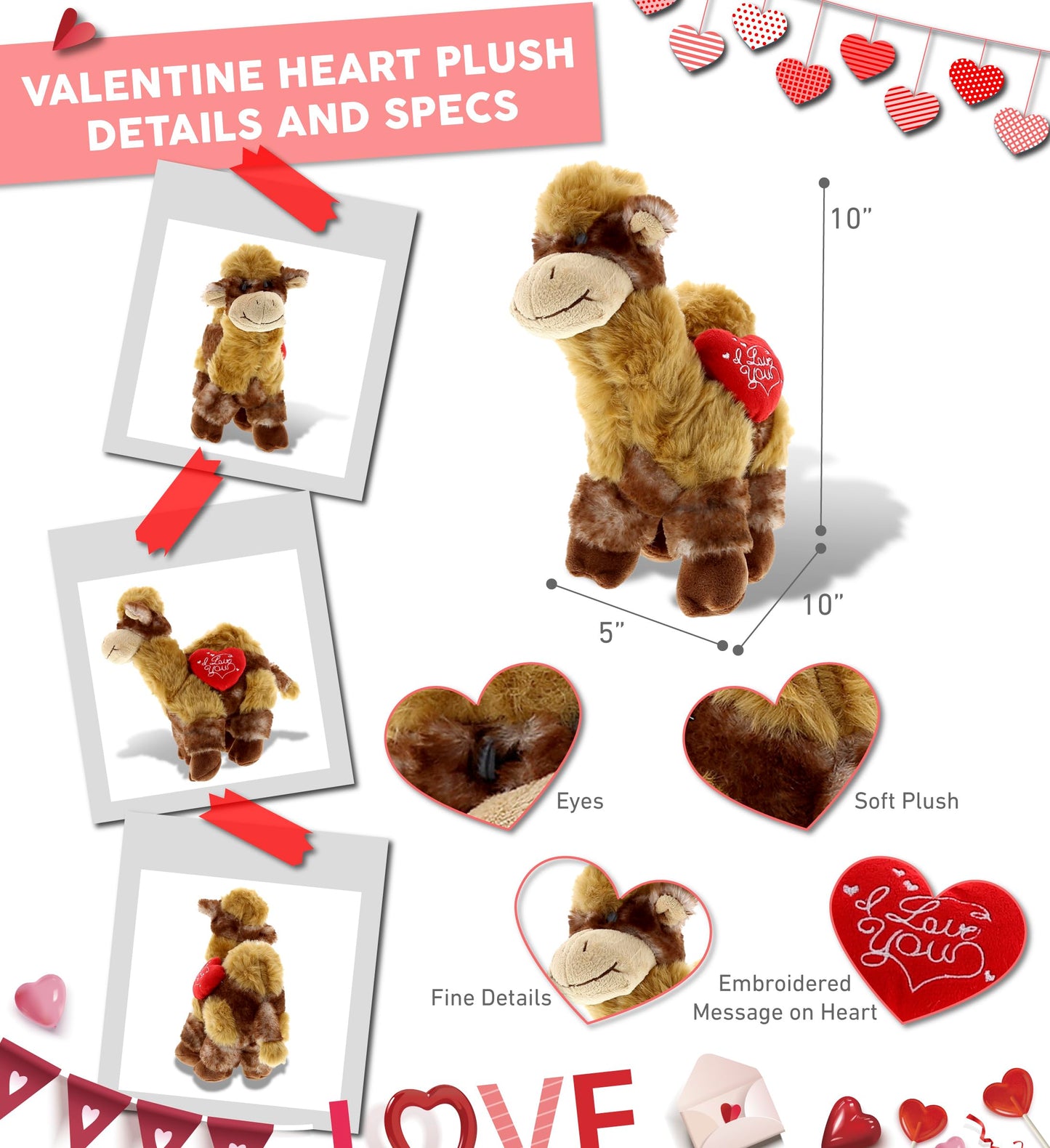 DolliBu I Love You Valentine Plush Camel - Cute Stuffed Animal with Red Heart and Name Personalization Gift for Valentines Day, Birthday, Anniversary, Romantic Date - 10 Inches