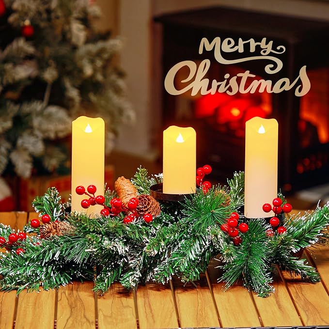 Brightown 20.5“ Iron Christmas Candle Holder, Pine Needles, Red Berries, Gold Balls and Golden Branches Tabletop Decoratio...