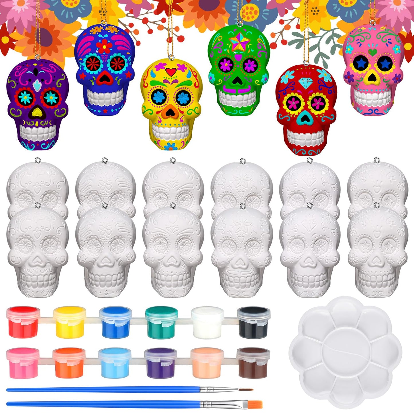 RoundFunny 12 Pcs Day of The Dead Sugar Skull Crafts for Adults Ceramic to Paint 3D Statues Ornaments Ready to Paint Your Own Skull Figurines Unpainted Plaster for DIY Project Arts Activity Decor