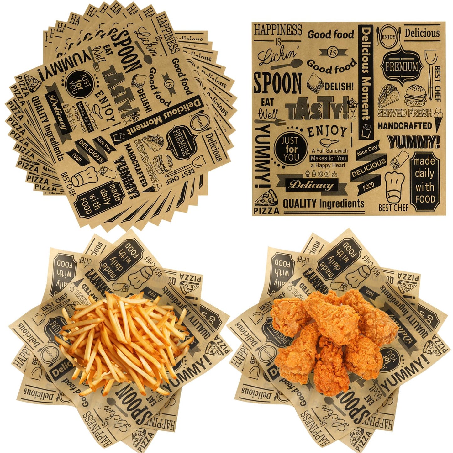 100 PCS Deli Paper Sheets 12x12 Inch, Unbleached Wax Paper Sheets for Food, Grease Resistant Sandwich Wrapping Papers for Cookies, Burger, Kitchen Cooking and BBQ