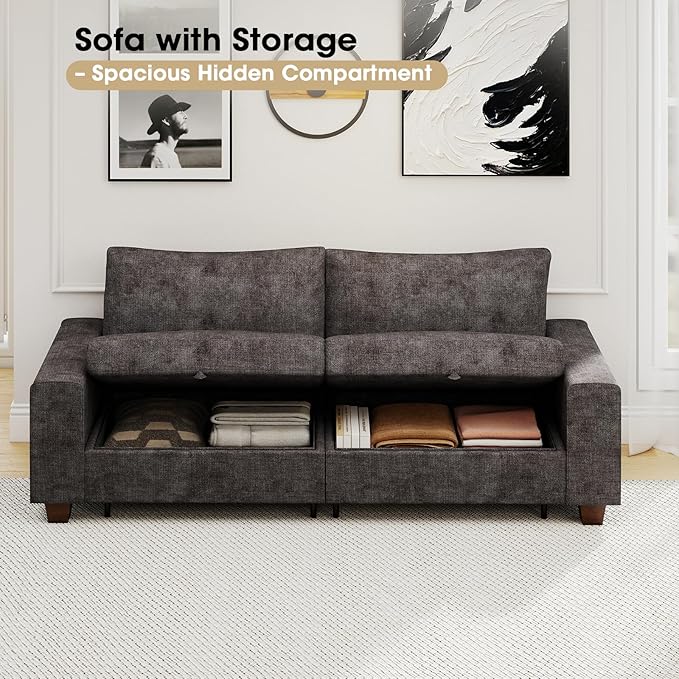 Couchus 88" Upholstered Sofa Couch with Seats Storage, Chenille Fabric Couch for Living Room, Office, Apart W/Deep Seat, Wide Arms, Side Pockets,Removable Cover (Dark Grey)