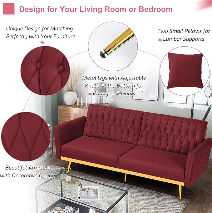 ACMEASE 70” Velvet Futon Sofa Bed with 2 Pillows and Adjustable Armrests, Convertible Sleeper Bed W/Adjustable Backrests, Modern Loveseat for Living Room, Bedroom, Red