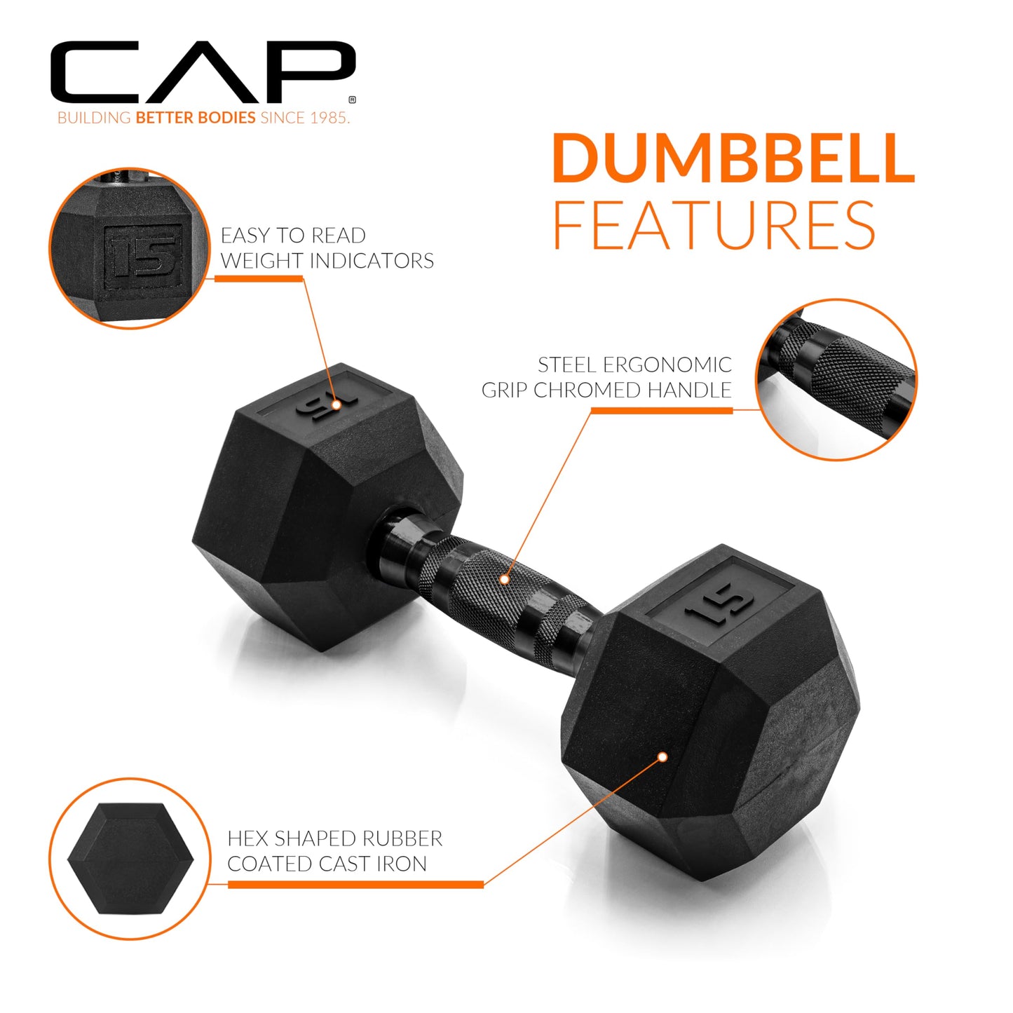 CAP Barbell 15 LB Rubber Coated Hex Dumbbell Hand Weight - Single | Black Handle