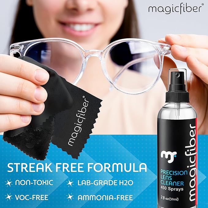 MagicFiber 10 PK Glasses Kit - 2 Eyeglass Cleaner Sprays + 8 Microfiber Cleaning Cloths - Premium Eye Glass Cleaners Spray and Glasses Wipes - Lint-Free Lens Microfiber Cleaning Cloth