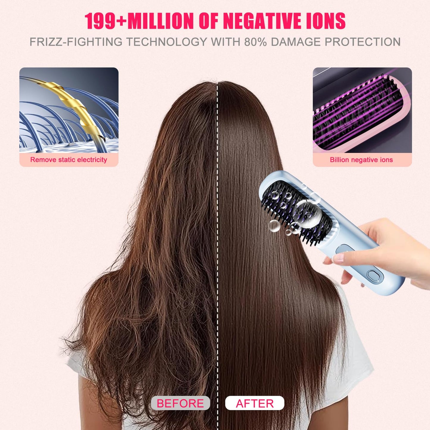 New gobrush pro 2025, Cordless Hair Straightener Brush-199 Million Negative Ions, 20S Fast Heat Up,4 Temperature Settings,3200mA
