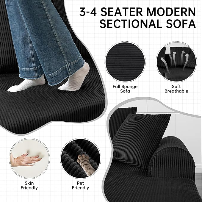 108 '' W Boneless Couch with L-Shape Chaise,No Assembly Required, Upholstery Corduroy Cloud Couch with Deep Seats and 5 Pillows Back, Free Combination (Black)