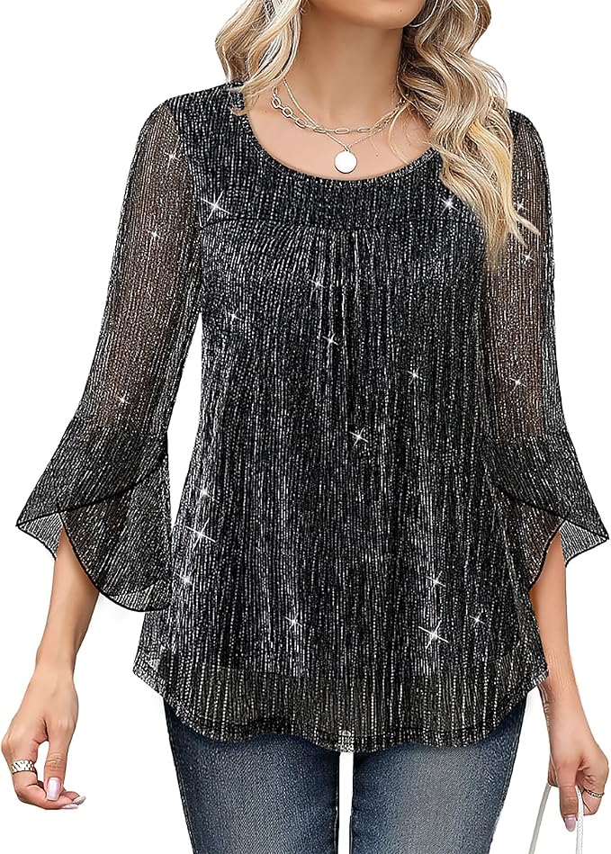 Bebonnie Women's Ruffle 3/4 Sleeve Elegant Dressy Blouses Crew Neck Double Layers Mesh Tunic Tops