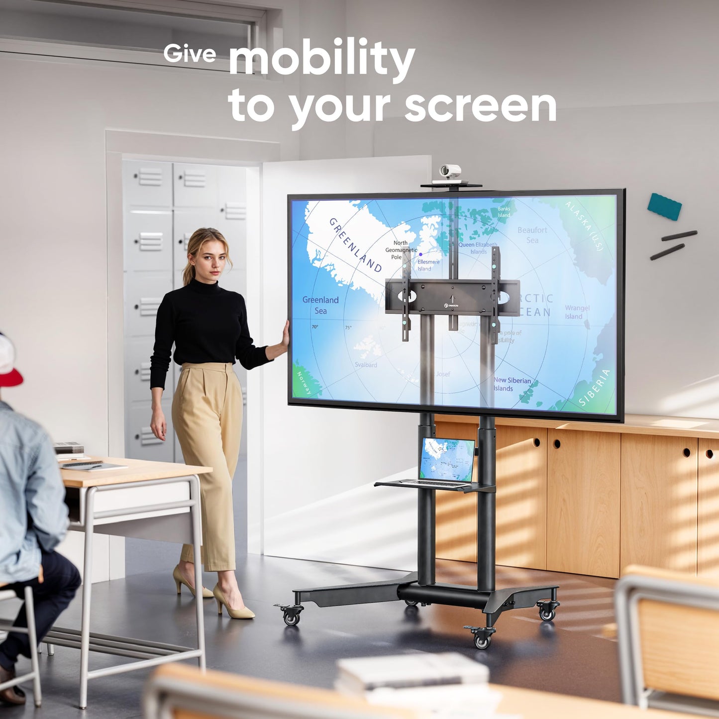 ONKRON Mobile TV Stand on Wheels for 32-75 Inch Screen, max Load 132 lbs, Height Adjustable TV Portable Stand, max VESA 600x400, Movable TV Cart Rolling TV Stand with Shelf, Lockable Wheels Black