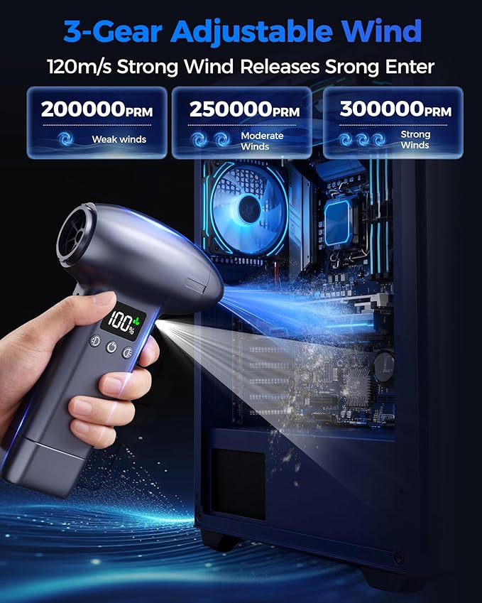 Upgraded Compressed Air Duster-300000RPM Ultra-Powerful Brushless Motor Electric Air Duster 30W Fast Charging &4 Light Modes,Rechargeable 3-Gear Adjustable Cordless Blower for PC,Keyboard,Car,Outdoor