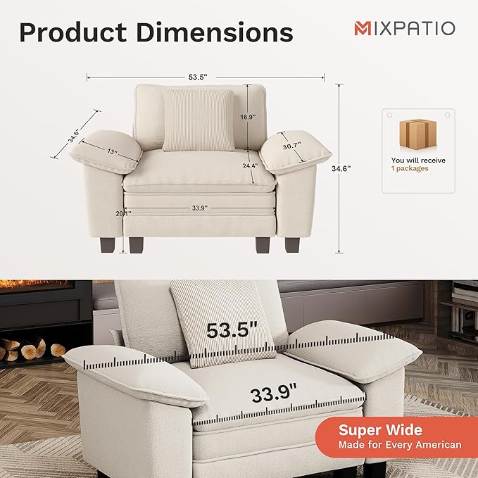 MIXPATIO 53.5" Cloud Modular Sectional Single Sofa, Deep Seat Armchair with Plush Chenille & Removable Arms for Living Room, Beige