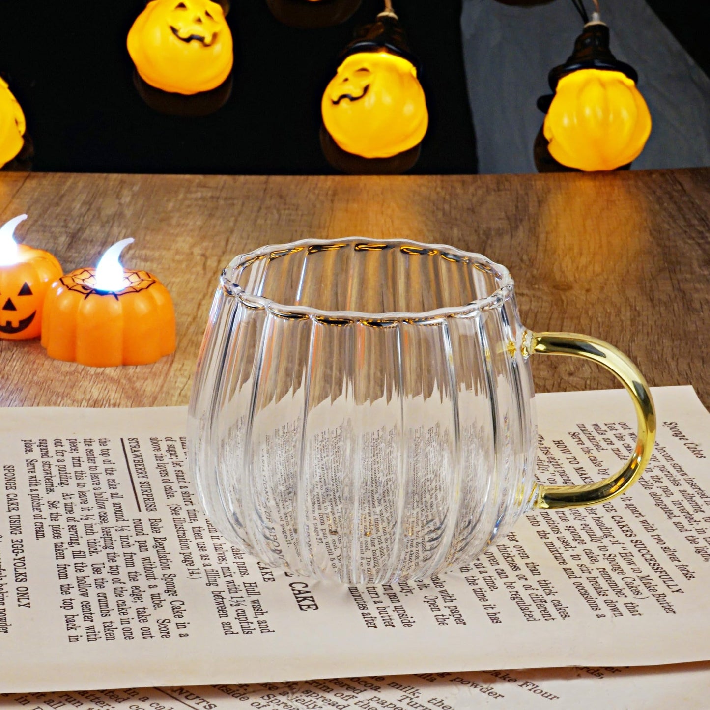 LUATSDAR Halloween Pumpkin Mugs 14 oz Glass Coffee Mugs Set of 2, Drinking Glasses with Yellow Handle, Clear Glass Cups for Hot or Cold Drinks like Cappuccino, Latte, Cocoa, Milk, Tea