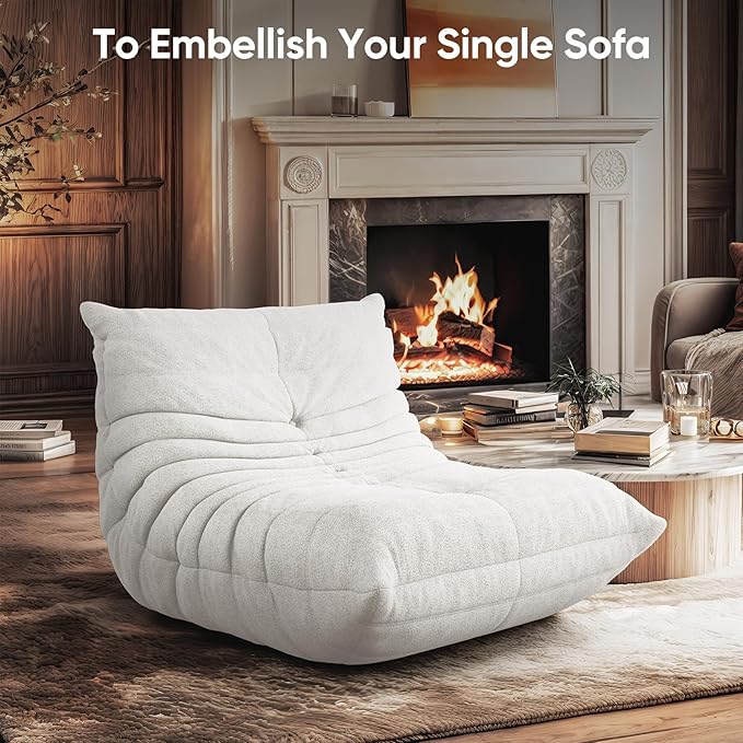 Bean Bag Chair for Adults, Fireside Togo Chair, BeanBag Chairs for Teens with High-Resilience Memory Foam, Non-Slip Base Compressed Floor Lounge Sofa for Living Room, Bedroom, White