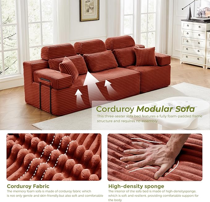 101" 3 Seater Sofa Cloud Modular Sectional Sofa with Chaise & Headrest, Boneless Deep Seat Plush Corduroy Couches for Large Living Room, No Assembly Required (Orange, 101" 3 Seater)