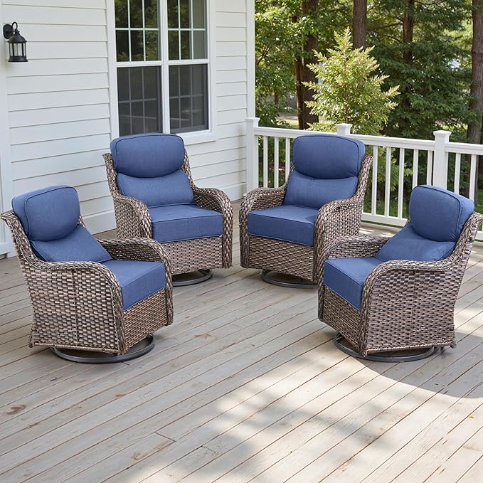 Rilyson Outdoor Swivel Rocker Chairs - All Weather Resistant Wicker Patio Furniture Set of 4 with High Back and 6 inch Thick Cushions for Deck Porch Yard and Poolside, Brown/Blue