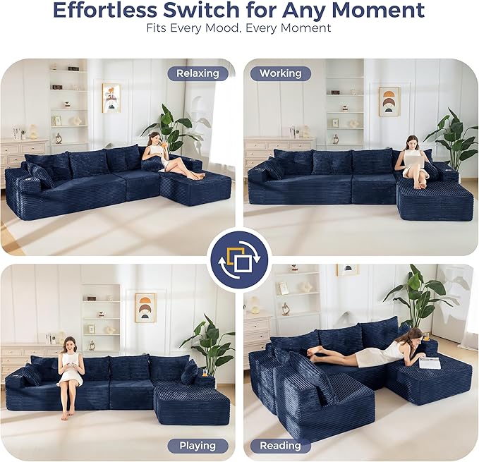MAXYOYO 132" Oversize Modular Sectional Couch with L-Shape Chaise, Modern Boneless Couch for Living Room, Sofa in A Box, Oversized Sofa Sleeper with Deep Seat, No Assembly Required, Navy