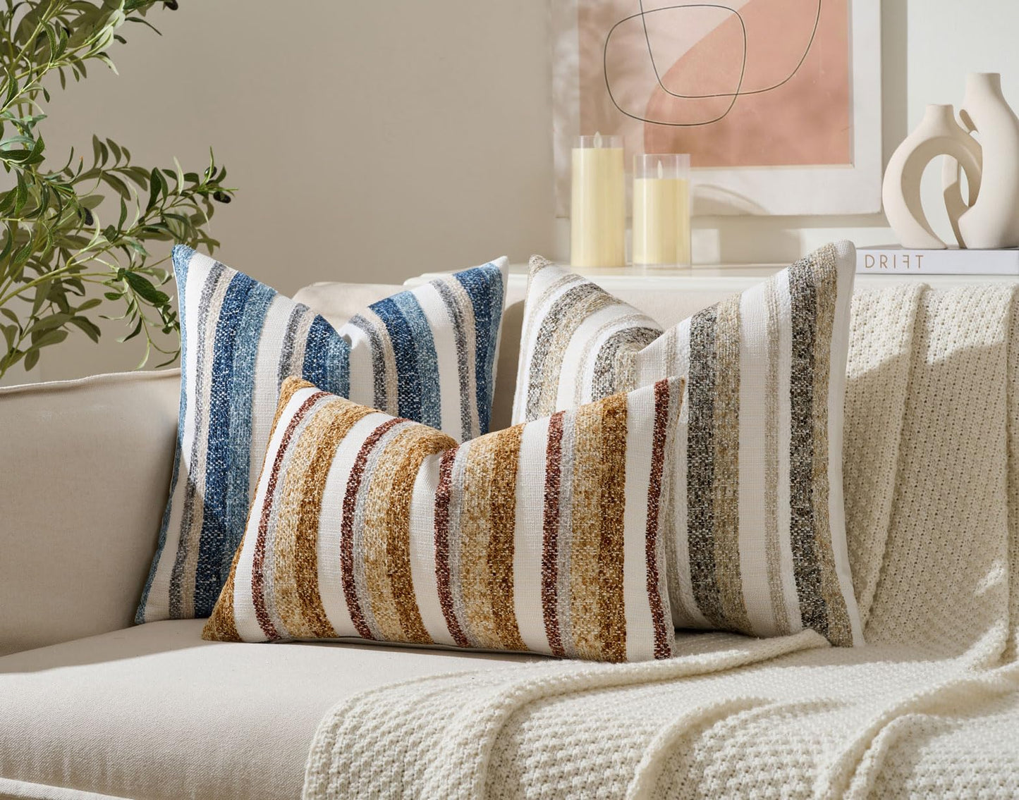 Zealax Modern Farmhouse Decorative Pillow Covers 18x18 Inch Boho Throw Pillows Neutral Soft Chenille Couch Cushion Covers, Set of 2 Velvet Striped Accent Pillows Cases for Sofa Bed Living Room, Blue