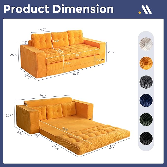 MAXYOYO Convertible Sofa Bed, Pull Out 3 Seater Sleeper Sofa, 2 in 4 Folding Couch Bed, Fold Out Floor Couch with Pillows for Living Room Bedroom Lounge, Orange