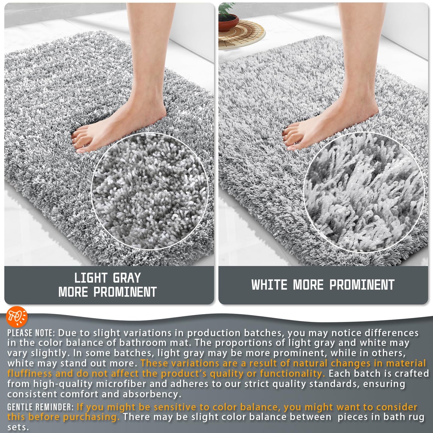 Yimobra Bathroom Rugs Non Slip Washable 36x24, Ultra Soft and Water Absorbent Bath Mats, Plush Fluffy Shower Mat Outside, Luxury Microfiber Thick Matts for Bathroom Floor/Tub, Light Gray and White