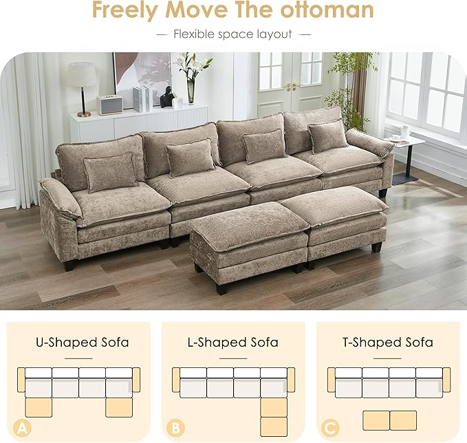 URRED Cloud Couch Modular Sectional Sofa, 157" Modern U Shaped Deep Seat Sofa with 2 Ottomans & Pillows, Ultra Comfy Chenille Couches for Living Room, Bedroom or Apartment, Khaki