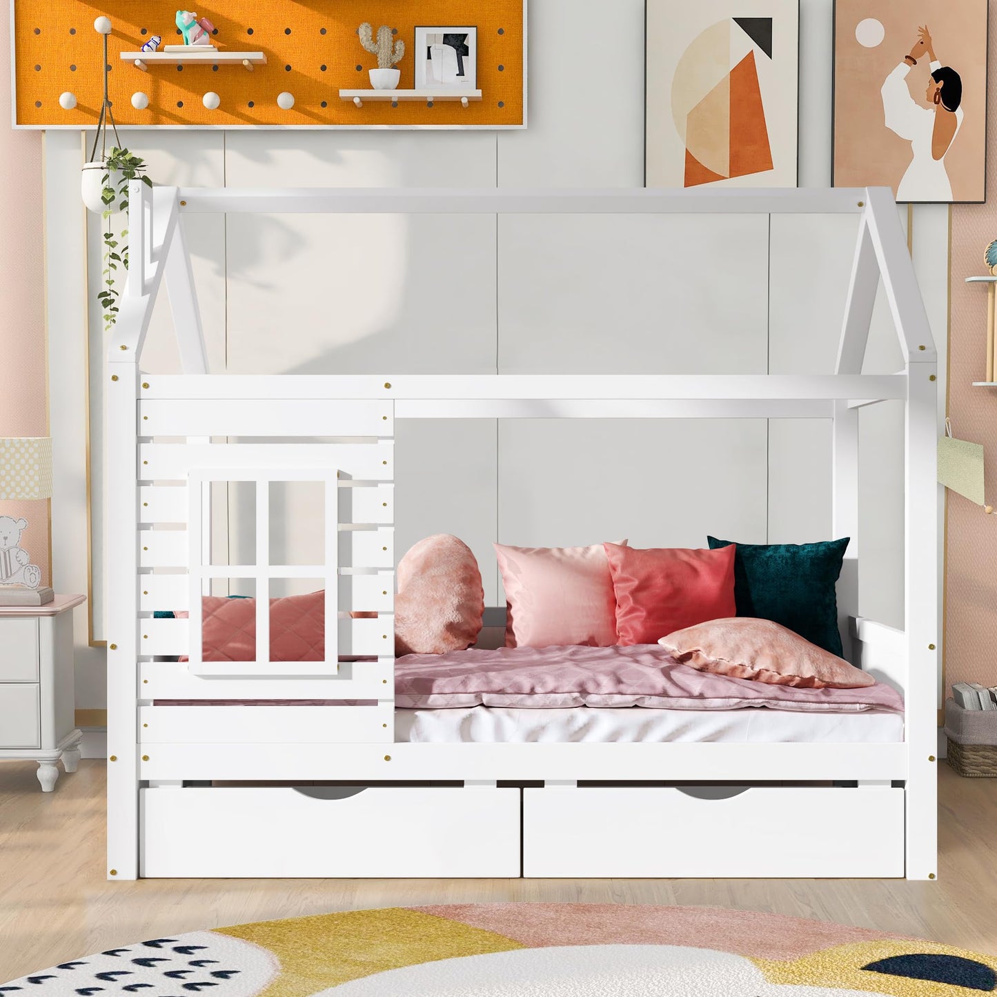 HUMEHA Twin Size Kids House Bed with 2 Storage Drawers, Twin House Bed Frame with Roof and Window, Twin Bed Frames for Kids with Slats, Modern Wooden Montessori Bed for Bedroom, White