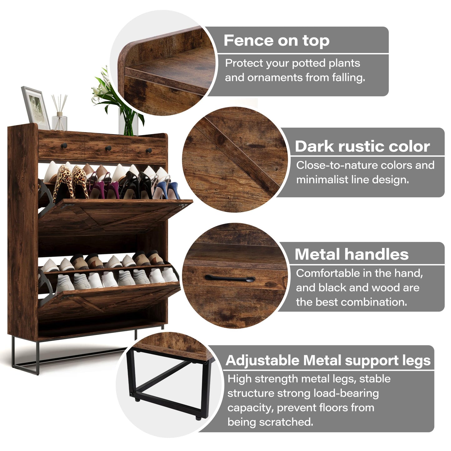 LAUSAINT HOME Shoe Storage Cabinet with 2 Flip Drawers & 3 Drawers for Entryway, Freestanding Hidden Shoe Organizer with Metal Legs, Slim Narrow Shoe Rack Cabinet, Rustic Brown