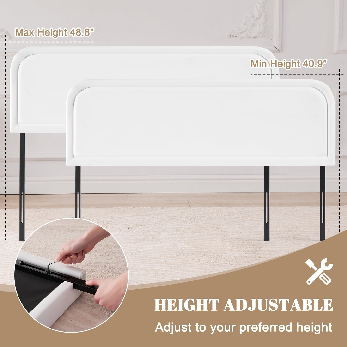 Howjoe Velvet Fabric Headboard Queen, Upholstered Headboard Queen Size Only, Dorm Bed Headboards from 41” to 49” Height, Sturdy and Durable Solid Wood Bed Head Board, White
