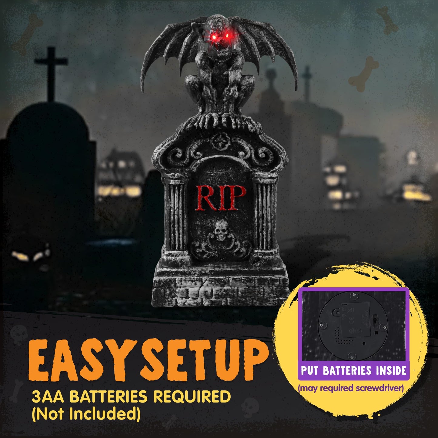 JOYIN 17” Halloween Animatronic Outdoor Tombstones Decorations, LED Graveyard Gravestone Decorations Animated Decor Outside with Sound Activated, Creepy Voice Motion for Yard Garden Haunted House Lawn