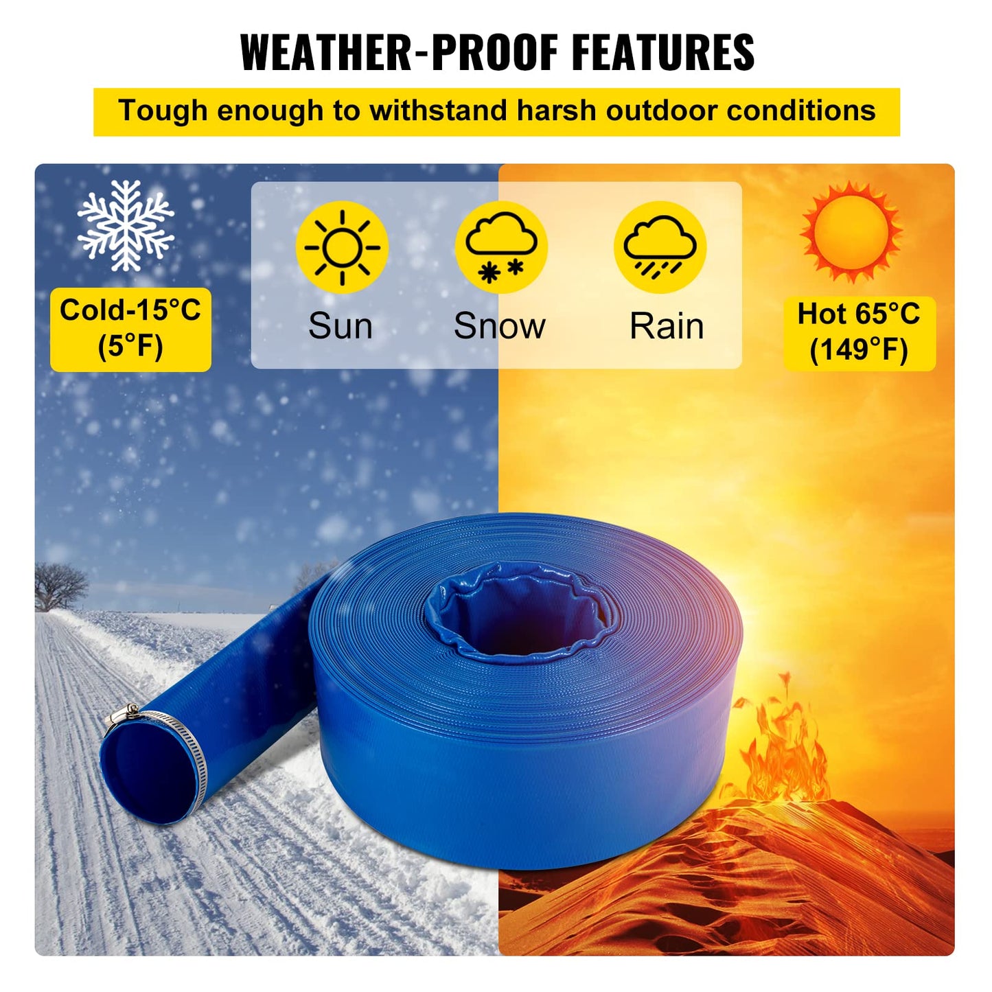 VEVOR Discharge Hose, 1-1/2" x 100', PVC Fabric Lay Flat Hose, Heavy Duty Backwash Drain Hose with Clamps, Weather-proof & Burst-proof, Ideal for Swimming Pool & Water Transfer, Blue